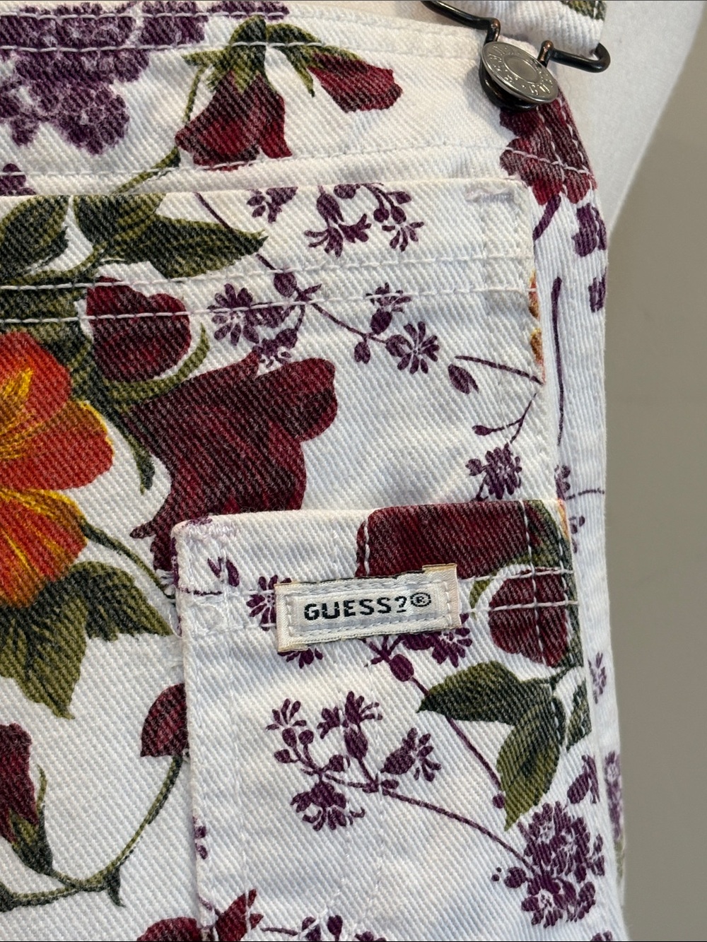 Vintage Guess 90s White Floral Cottagecore Denim Overall Dress S / M - Picture 3 of 13
